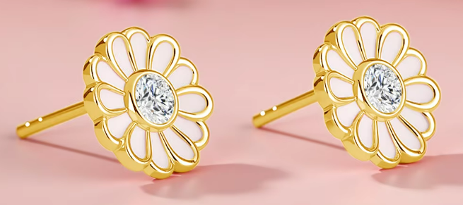 14ct GOLD 2x 0.3ct MOISSANITE AND ENAMEL DAISY EARRINGS