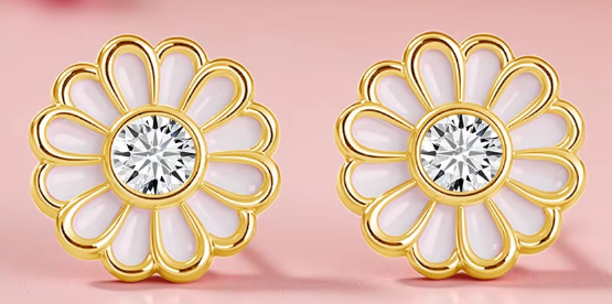 14ct GOLD 2x 0.3ct MOISSANITE AND ENAMEL DAISY EARRINGS