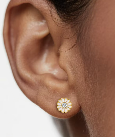 14ct GOLD 2x 0.3ct MOISSANITE AND ENAMEL DAISY EARRINGS