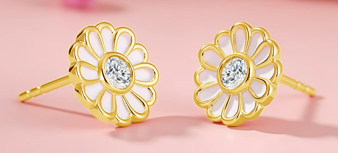 14ct GOLD 2x 0.3ct MOISSANITE AND ENAMEL DAISY EARRINGS