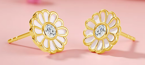 14ct GOLD 2x 0.3ct MOISSANITE AND ENAMEL DAISY EARRINGS