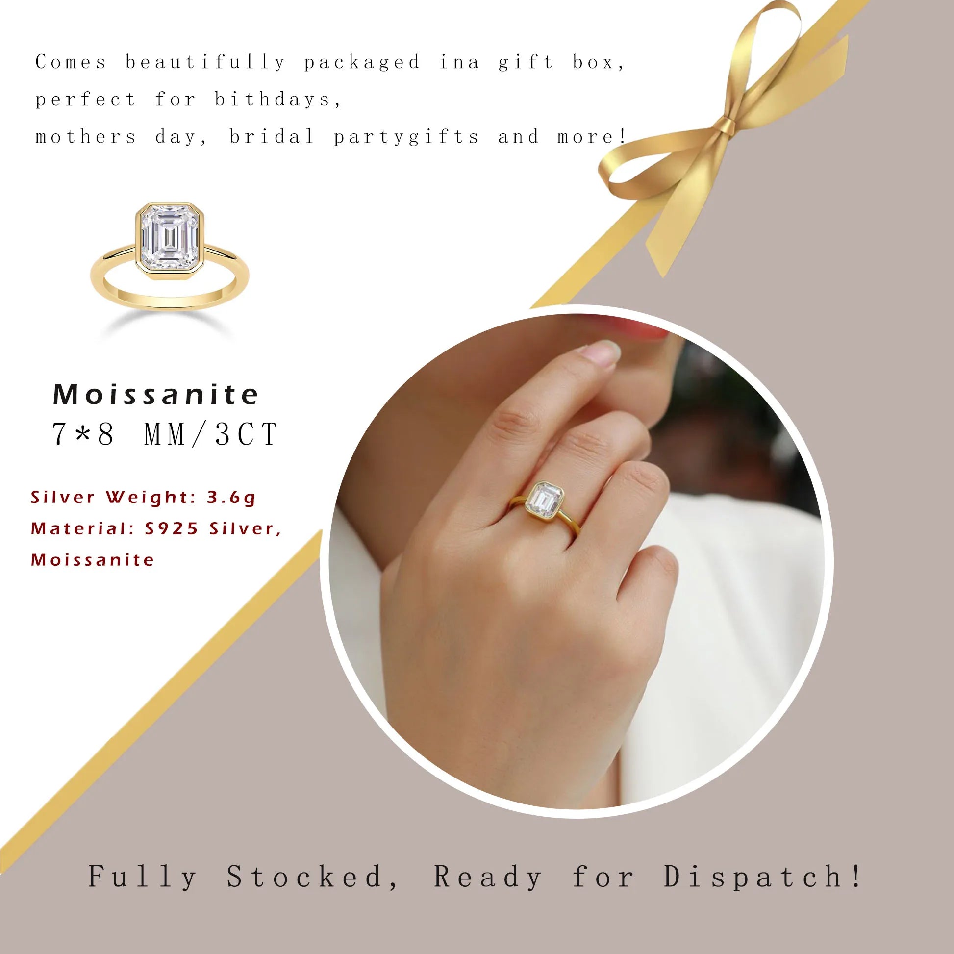 3ct Emerald Cut Moissanite Engagement Ring D Color VVS1 18K Gold Plated Band Modern Minimalist Bezel Set Design-2