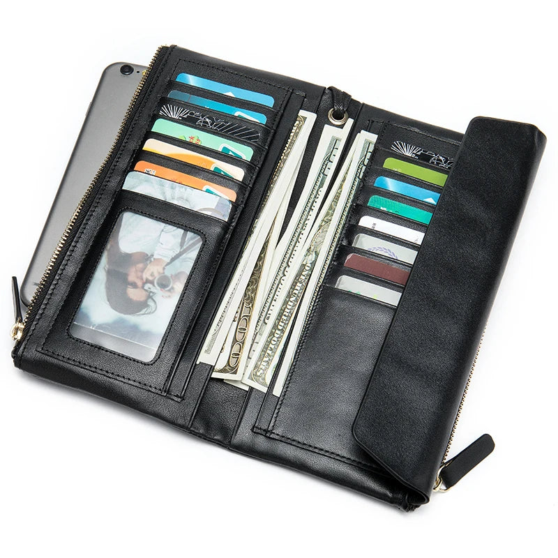Unisex Genuine Leather Clutch Purse with Wristlet RFID Blocking Card Holder Wallet Portable Durable Daily Use-1