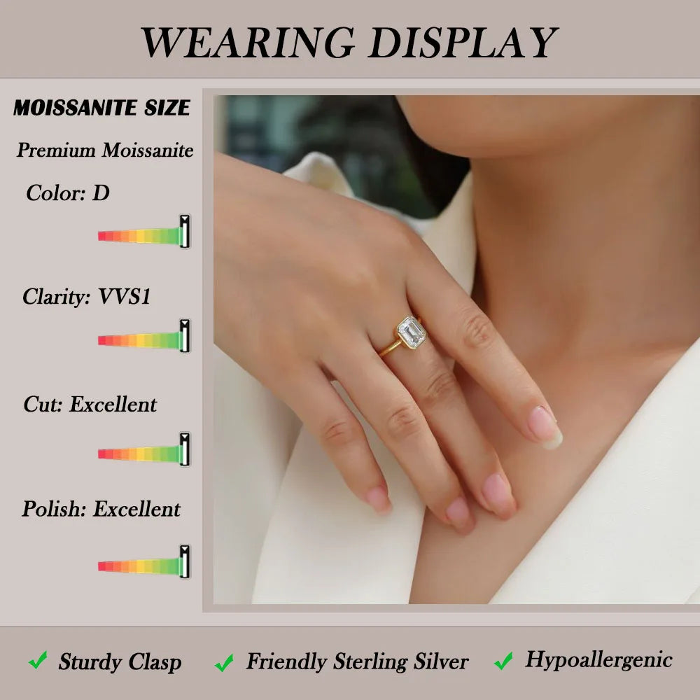 3ct Emerald Cut Moissanite Engagement Ring D Color VVS1 18K Gold Plated Band Modern Minimalist Bezel Set Design-3