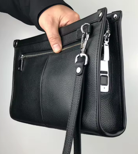 LEATHER FINGERPRINT LOCK CLUTCH / WALLET WITH STRAP