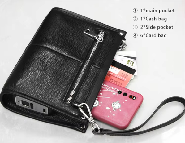 LEATHER FINGERPRINT LOCK CLUTCH / WALLET WITH STRAP