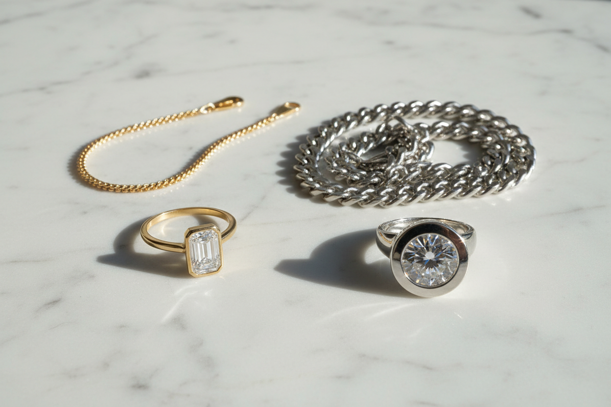 gold 3mm curb chain bracelet  gold bezel set emerald cut diamond ring  silver 4mm necklace  silver brilliant cut bezel set diamond ring flush